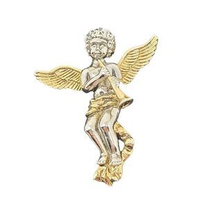 Vintage 80s Angel Playing Flute Brooch Pin‎ Pendant 3D Gold Silver 2 Tone